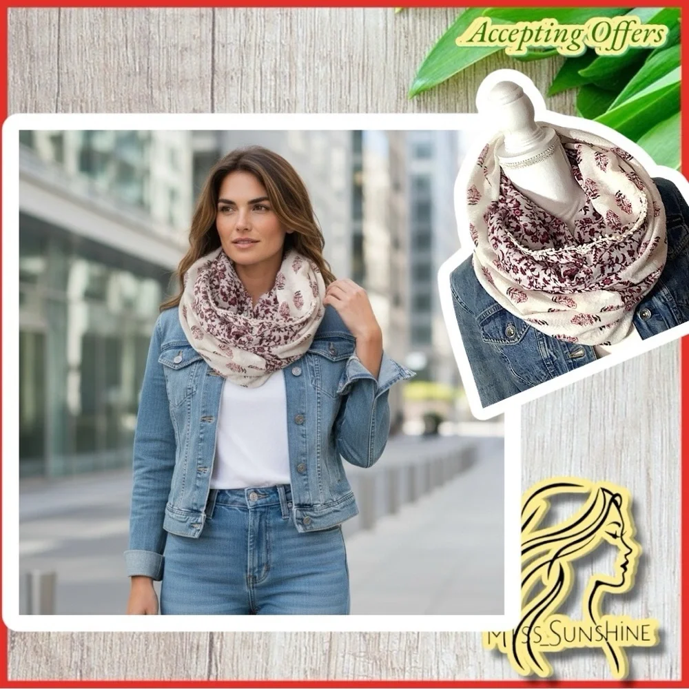 Maurices - Infinity Scarf - lace trim - two different patterns - cream burgundy